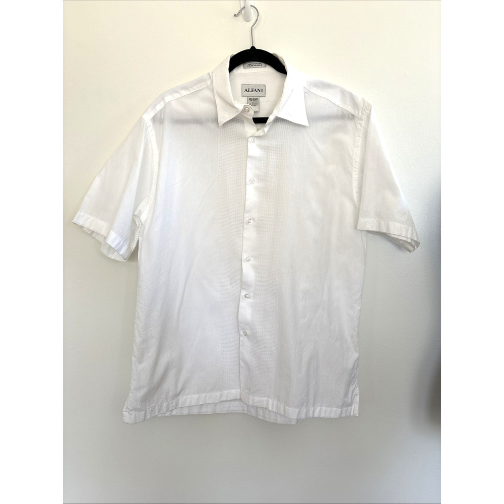Alfani Mens White Cotton‎ Short Sleeve Button Down Shirt Textured Panel Large